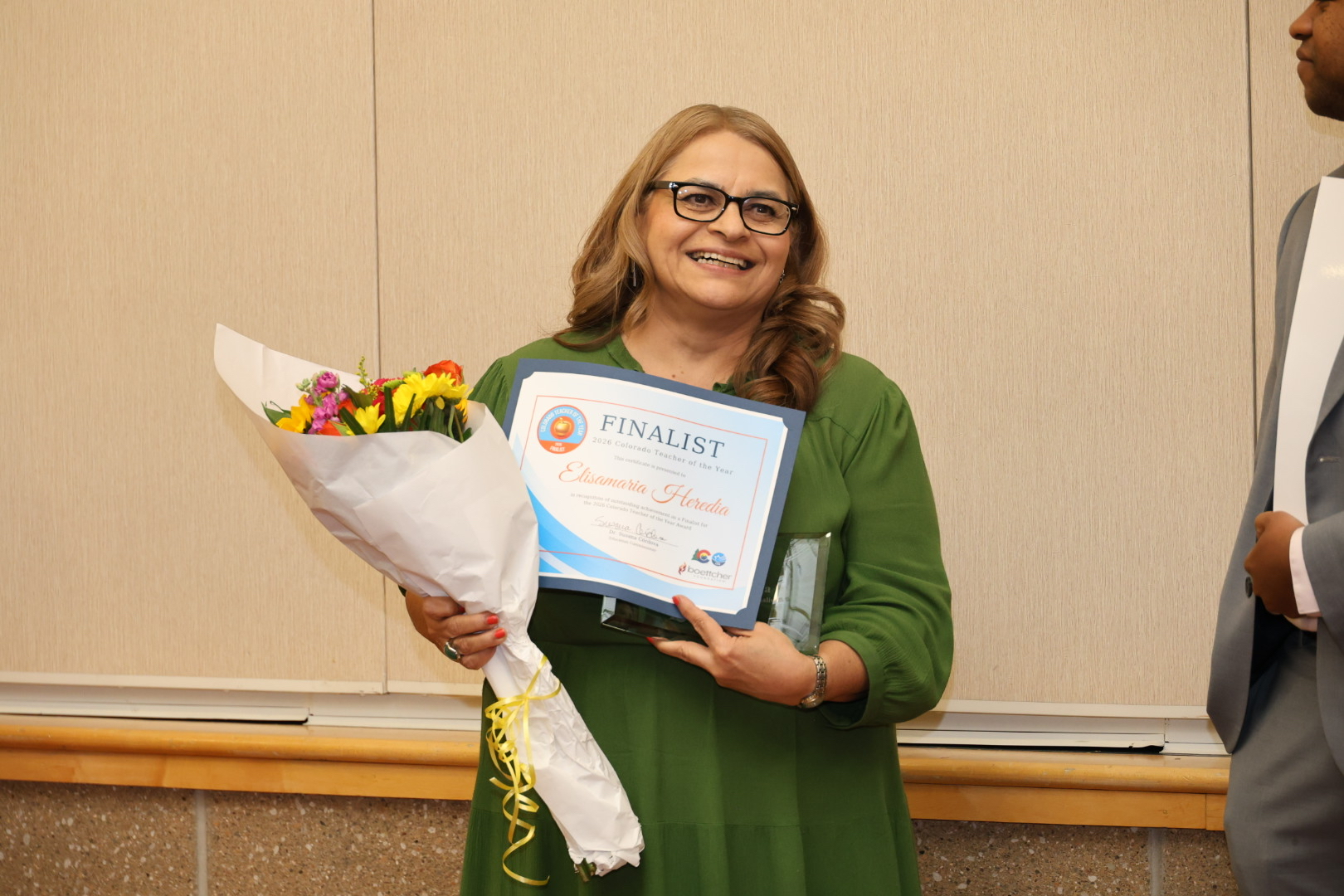 Elisamaria Heredia, who teaches multilingual learners at Alamosa Elementary School 3-5 in the Alamosa School District, was surprised in a special ceremony with the news that she is the eighth and last finalist in the running to be Colorado’s 2026 Teacher of the Year.