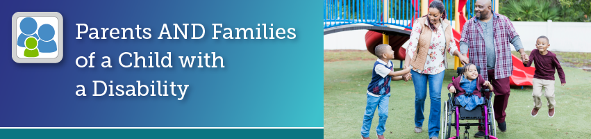 Page banner shows mother and father who are Black playing and having fun in park with their three children--one child is a wheelchair user.