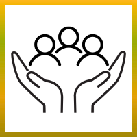 Open hands holding a group of three people.