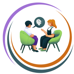 Two cartoon people sitting on chairs talking