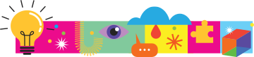 A colorful, decorative graphic that separates each of the four content clusters
