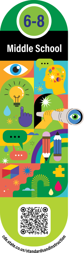 A busy and colorful decorative graphic with imagery that suggests learning and thinking