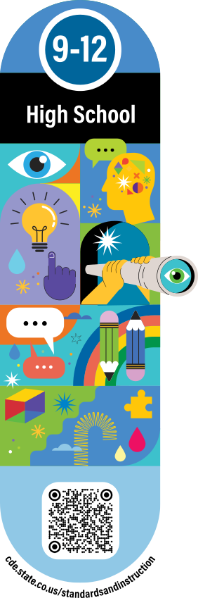 A busy and colorful decorative graphic with imagery that suggests learning and thinking