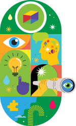 A busy and colorful decorative graphic with imagery that suggests learning and thinking